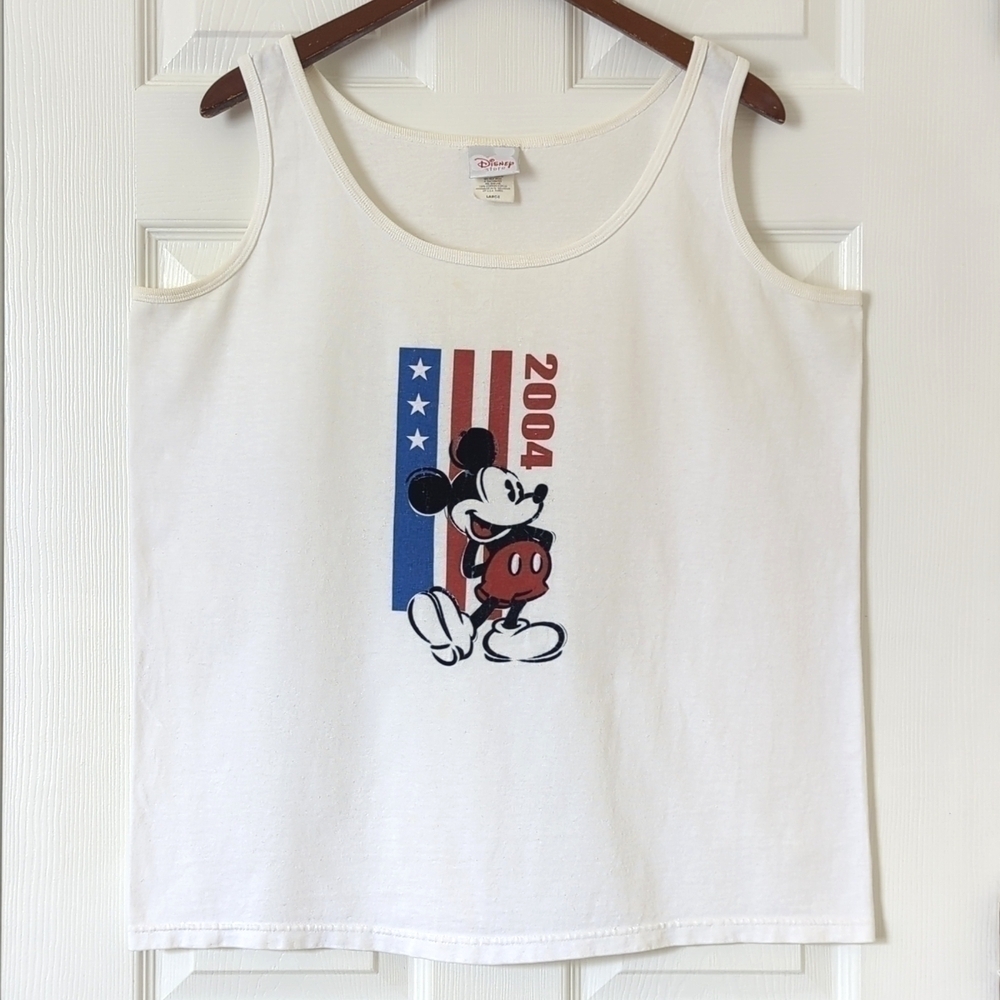 Disney 2004 Y2K Vintage American Flag Mickey Graphic Scoop Neck Tank Top White L